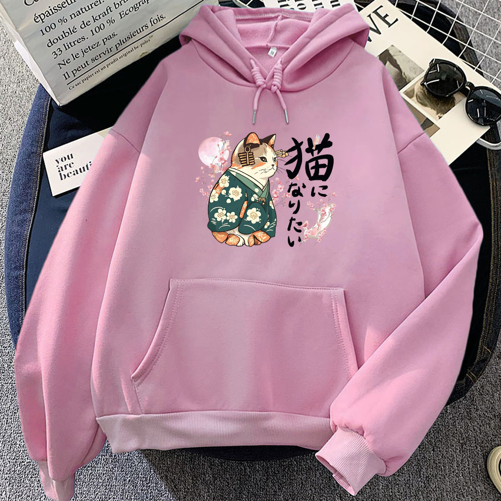 Yellow Winter Clothing - Ukiyoe Style Kanji Cat Printing Hoodies