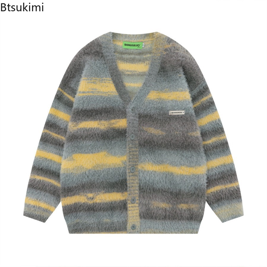 Yellow Winter Clothing - Men's Yellow Striped Thickened Knitted Cardigan